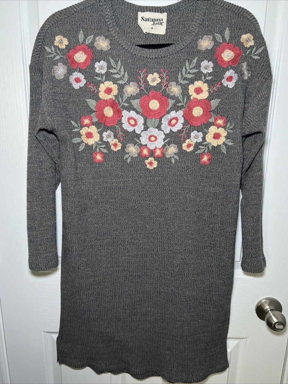 Savanna Jane Ribbed Knit Dress Women Medium Gray Floral Embroidered Boho